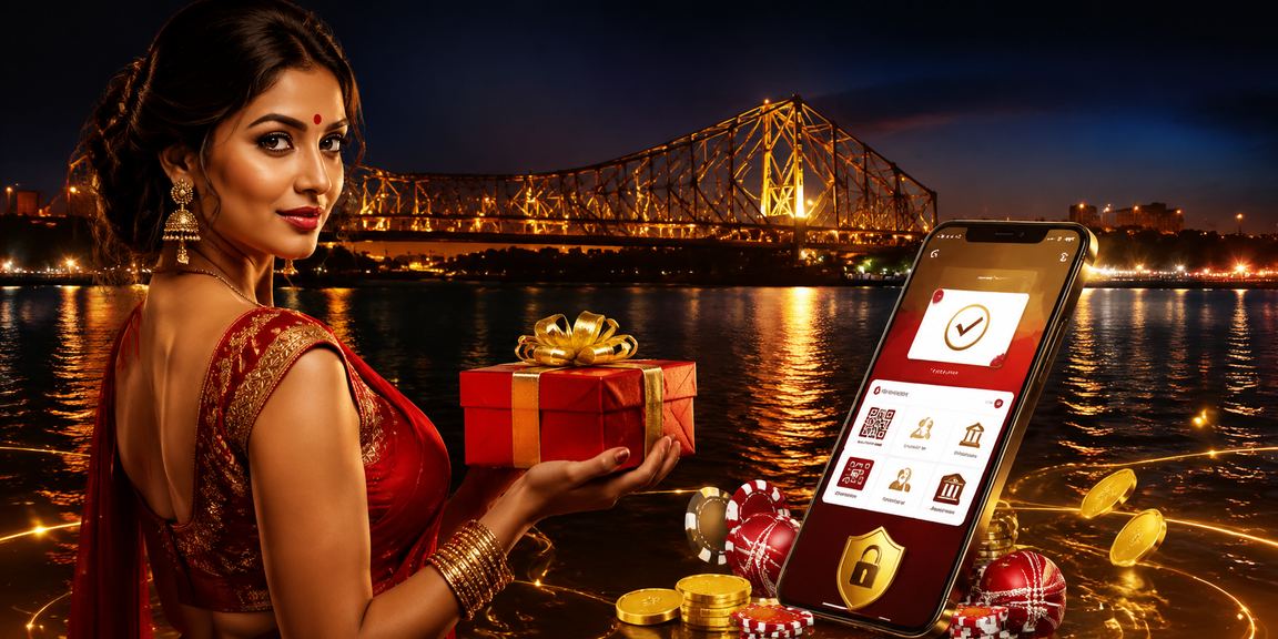 View of Howrah Bridge at Kolkata with mobile payment illustration for safe gaming